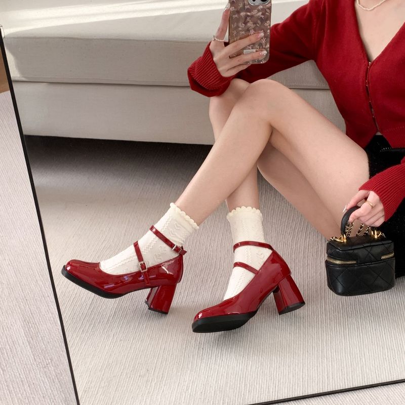 Red Square Toe Chunky Heel Dress Ultra Heeled Mary-Jay Siegel Shoes_voghion.com