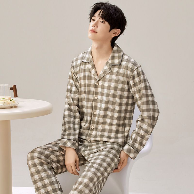 Cotton sleepwear men, 2024 new spring and autumn season long sleeved plaid casual loose fit plus size for outerwear home_voghion.com