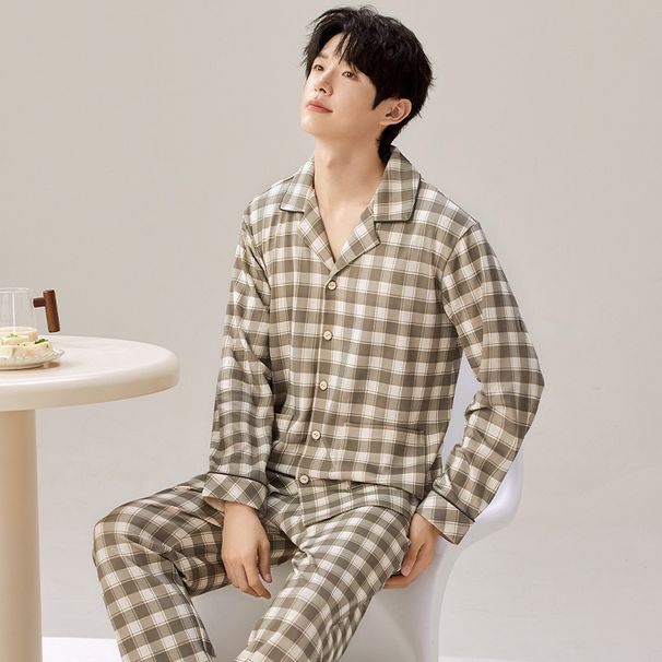 Cotton sleepwear men, 2024 new spring and autumn season long sleeved plaid casual loose fit plus size for outerwear home_voghion.com