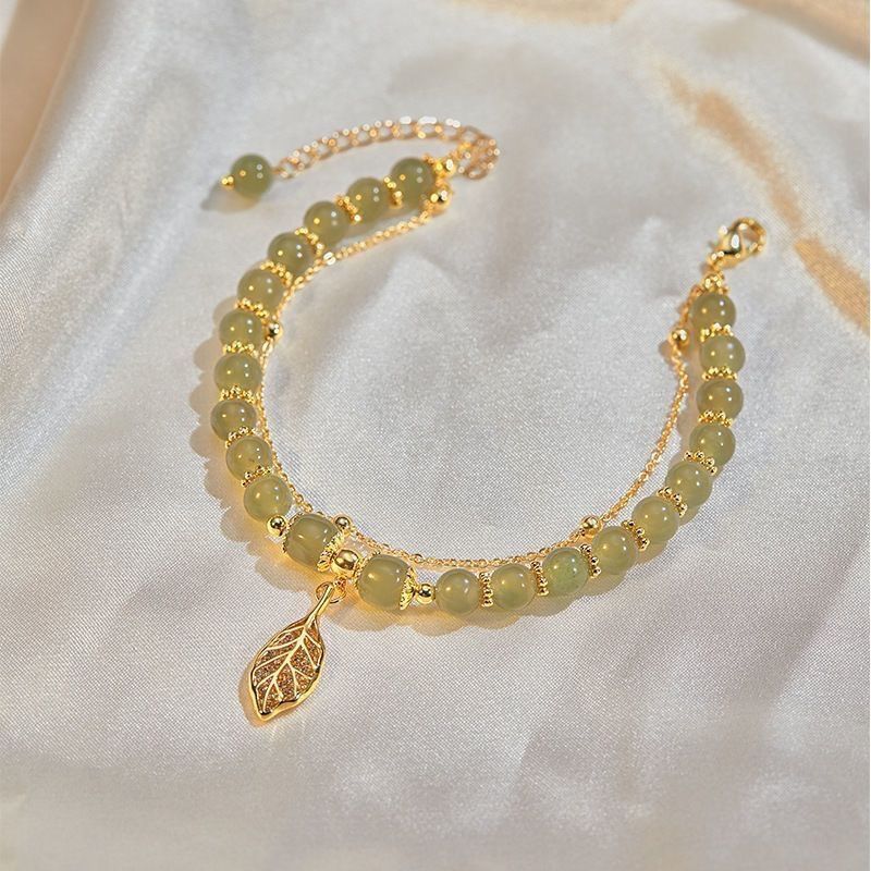 Bracciale a doppio strato con foglia di giada e ramo dorato per donna, design di nicchia di lusso, fresco ed estivo, nuovo stile Ins 2022_voghion.com