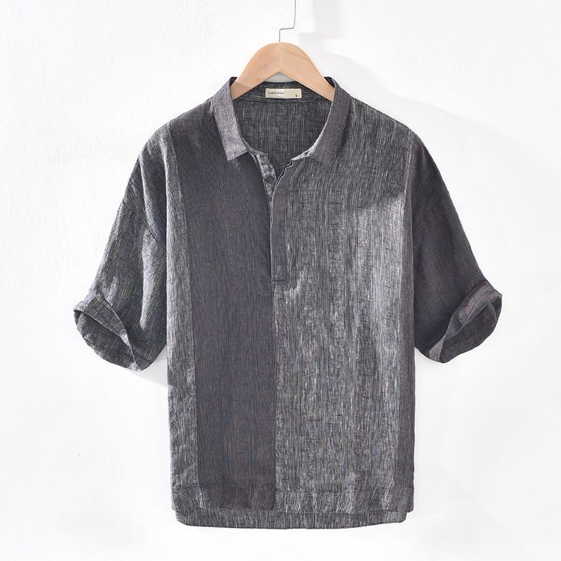 Camisa juvenil de lino tejido a rayas con mangas cinco cuartos y cuello cuadrado estilo retro_voghion.com