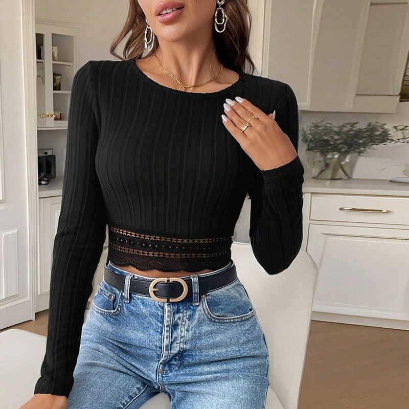 Nuova maglietta semplice e versatile autunno inverno con bordo in pizzo, vestibilità attillata, manica lunga corta e parte superiore interna_voghion.com