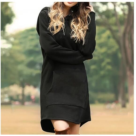 Lässiges Langarm-Kapuzenkleid mit Taschen in Übergröße – Übergroßes Tunika-Pulloverkleid für Damen in Unifarben (S-5XL)​​_voghion.com