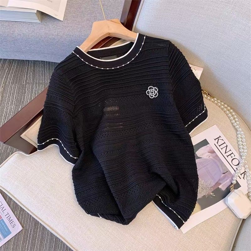 Damesmode nieuwe stijl zwarte top met korte mouwen_voghion.com