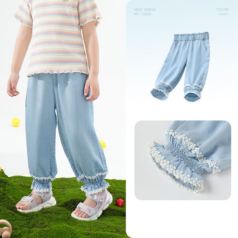 Mother & Kids Children's Tencel Denim Anti Mosquito Pants Thin Cool Trousers Girls Lace Loose Leggings Pants_voghion.com