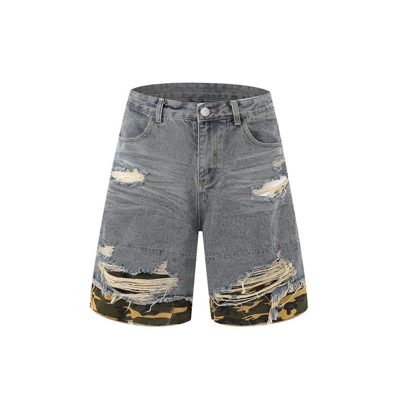 Herenkleding Mode Cut Edge Stiksels Luipaardprint Denim Korte Mouwen Casual Five Point Denim Jas Losse Korte Mouwen Denim Shorts_voghion.com