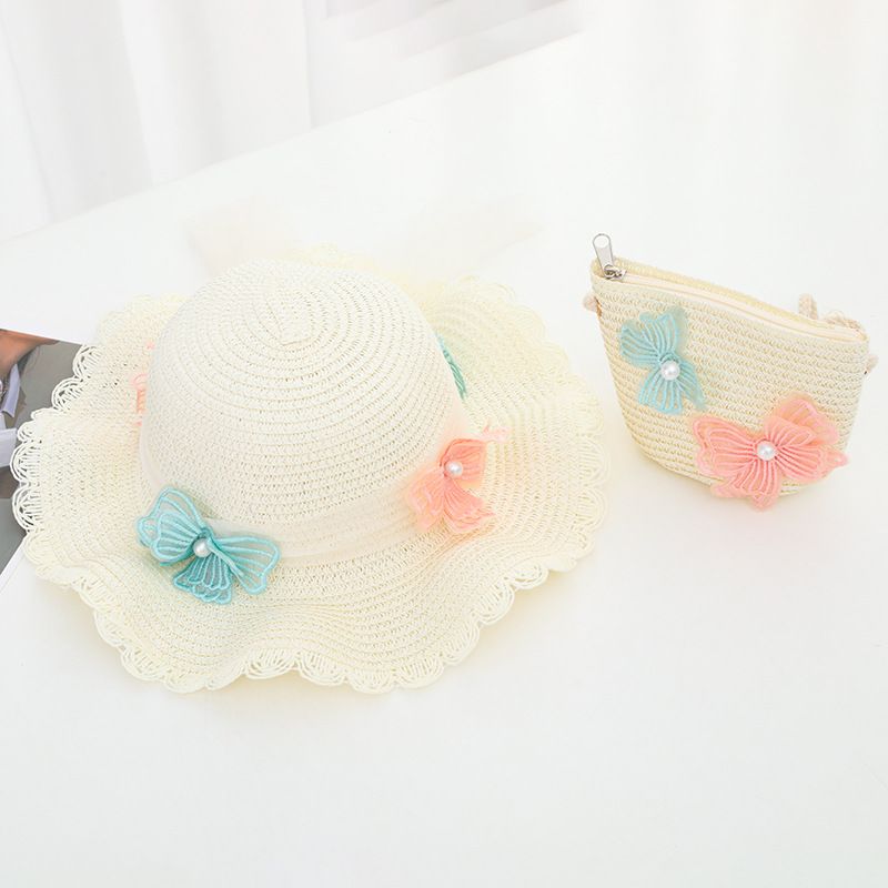 Small Fresh Cartoon Butterfly Children's Straw Spring/Summer Cute Sunshade Holiday Beach Hat Bag Set of Two_voghion.com