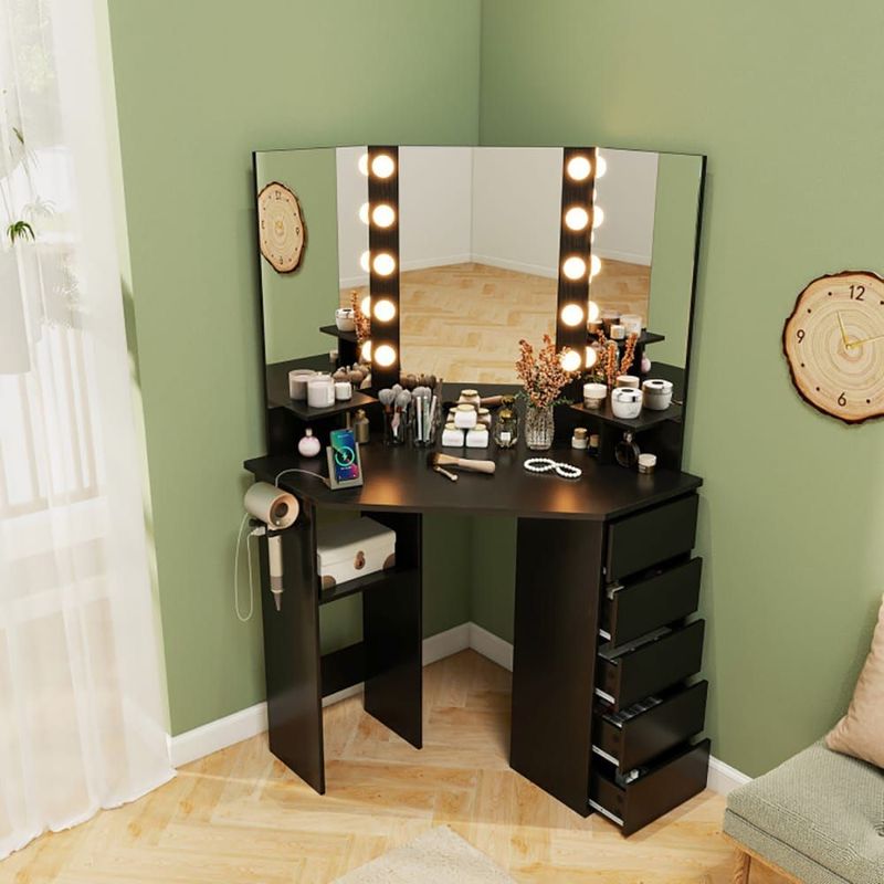 Corner Vanity Desk With 3-Color LED Lighted Mirror And Power Outlet_voghion.com