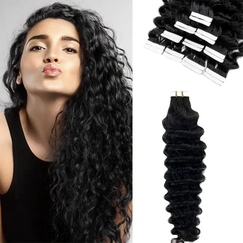 Deep Wave Tape Hair Extensions Skin Weft For Women 100% Human Hair Natural Color 1B 16-26Inch Salon Quality_voghion.com