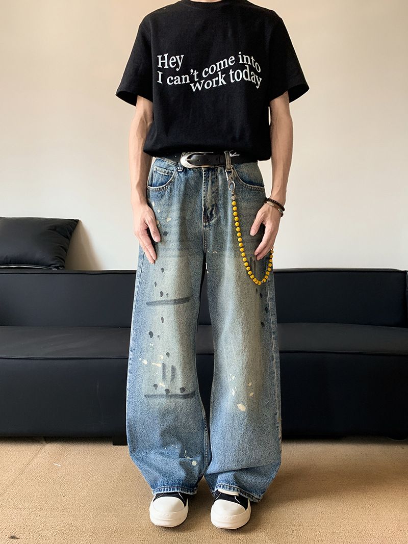 Jean homme tie-dye effet éclaboussures – Pantalon droit délavé rétro, style streetwear artistique, extensible et confortable, taille S à 3XL (bleu vintage)_voghion.com