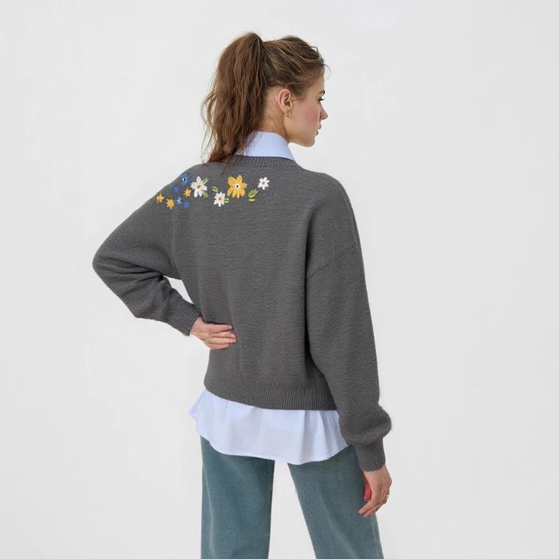 Cardigan lavorato a maglia ricamato da donna, maglione girocollo con fiori, cappotto da donna_voghion.com
