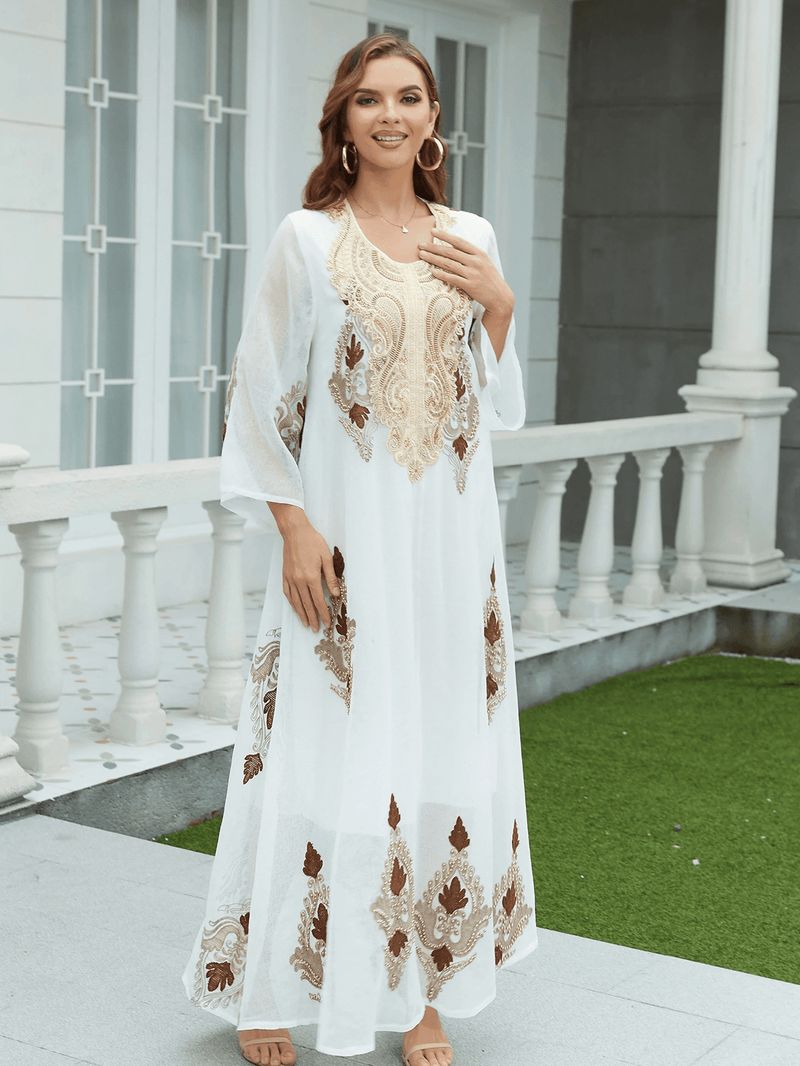 Muslim Women's Robe Elegant Temperament Embroidered Mesh Dress_voghion.com