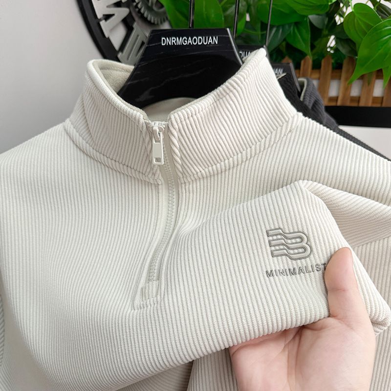 Men's Clothing New winter men's plus velvet thickened zipper sweater half turtleneck bottoming shirt solid color warm loose versatile top_voghion.com