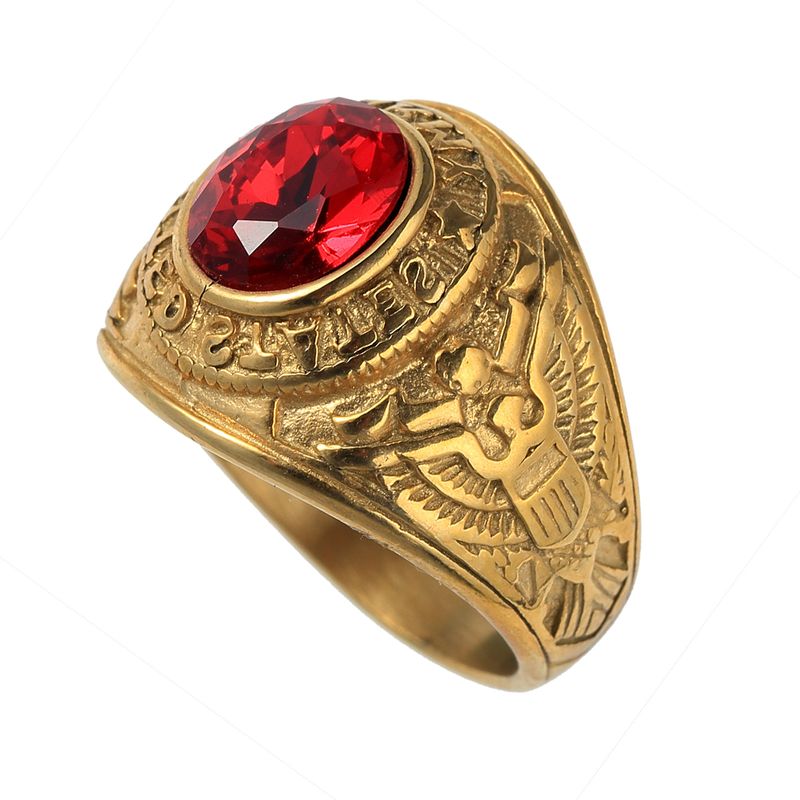 Anello da uomo in acciaio inossidabile con aquila in oro e diamanti rossi e blu, soldato americano_voghion.com