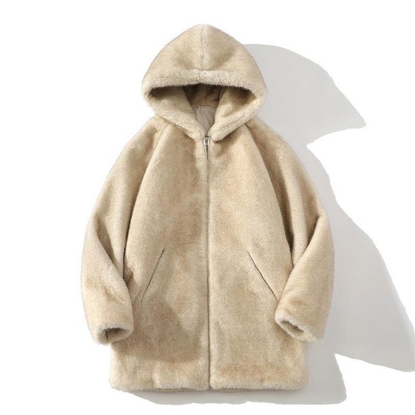 Men's Eco-Friendly Faux Fur Hooded Parka, Oversized Longline Zip-Up Winter Coat With Windproof Polyester Shell In Beige/Coffee (Sizes S-4XL)_voghion.com
