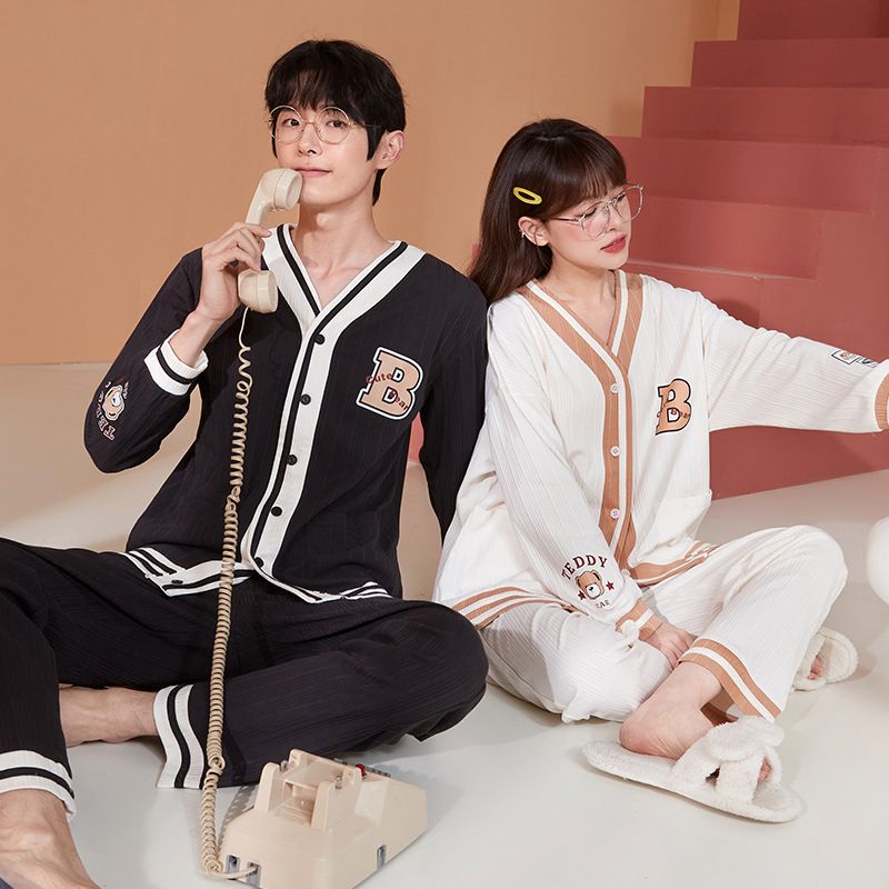 Spring couple sleepwear, long sleeved pants, casual cotton cardigan, men women, student plus size, autumn and winter_voghion.com