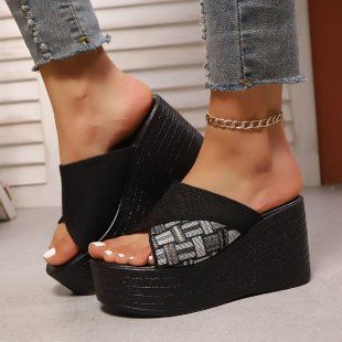 Keilpantoffeln für Damen, dickbesohlte Fischmaul-Hausschuhe, kontrastfarbene Damenschuhe_voghion.com