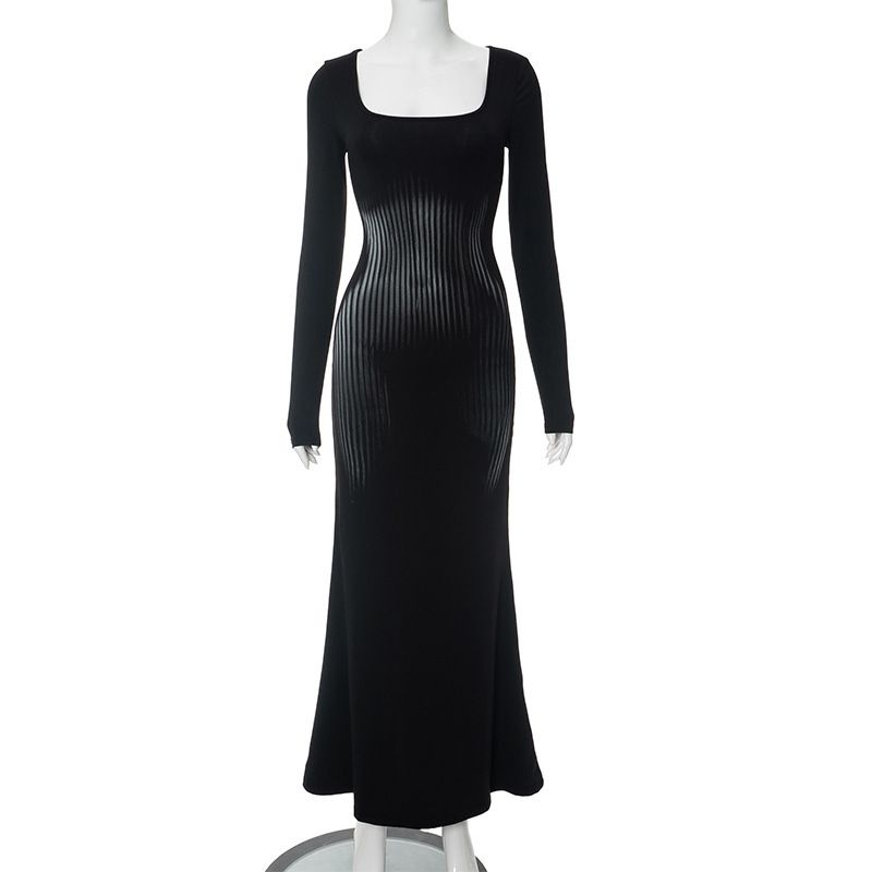 Damenbekleidung Herbst New Square Collar Pullover Langarm High Waist Hip Fishtail Kleid_voghion.com