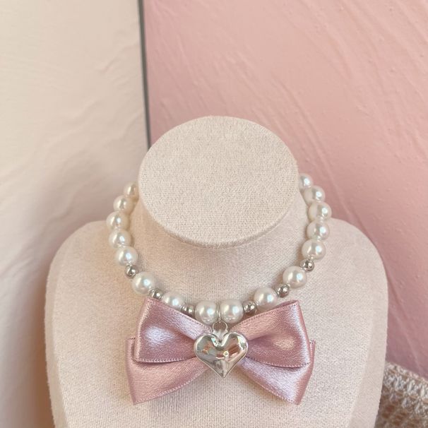 Collier de perles INS en forme de cœur avec nœud rose coréen, style princesse, accessoire pour petit animal de compagnie_voghion.com