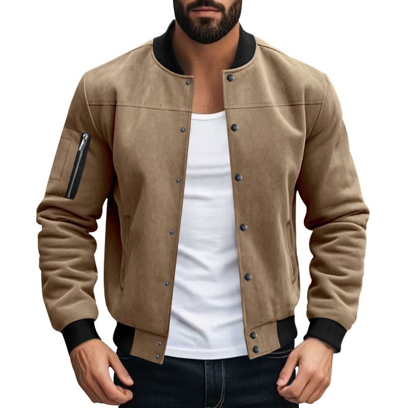 Retro-Baseballjacke für Herren – Schwerer Wildleder-Cardigan mit Knopfleiste vorne, Vintage-Fliegerbomber-Stil_voghion.com