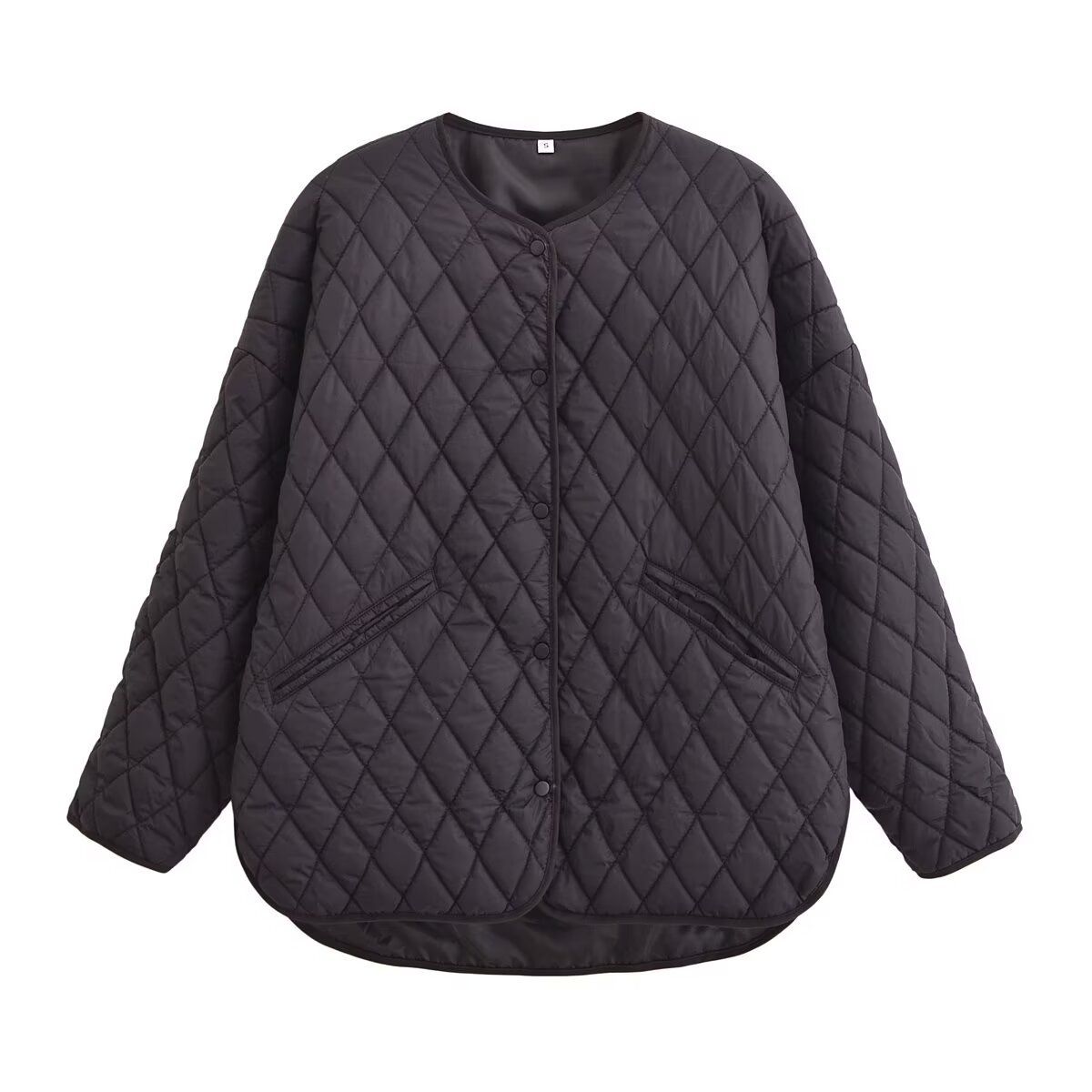 Neue einreihige, rautenförmige, lockere, langärmelige Baumwolljacke für Damen mit Rundhalsausschnitt_voghion.com