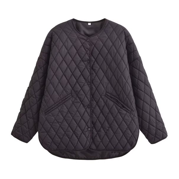 Neue einreihige, rautenförmige, lockere, langärmelige Baumwolljacke für Damen mit Rundhalsausschnitt_voghion.com