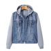 Giacca oversize in denim con cappuccio da donna e motivo patchwork - Cappotto casual comodo e ampio (1XL-5XL)_voghion.com