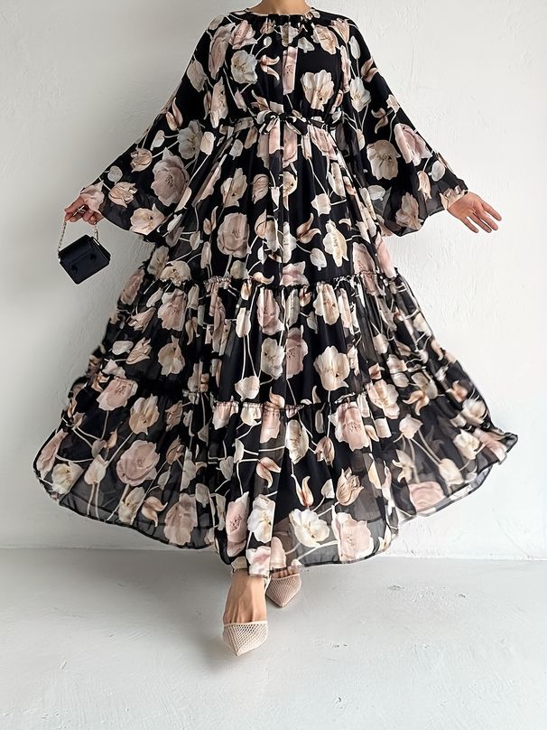 Women's Clothing Muslim women's clothing new chiffon flower print long fashionable and elegant dress_voghion.com