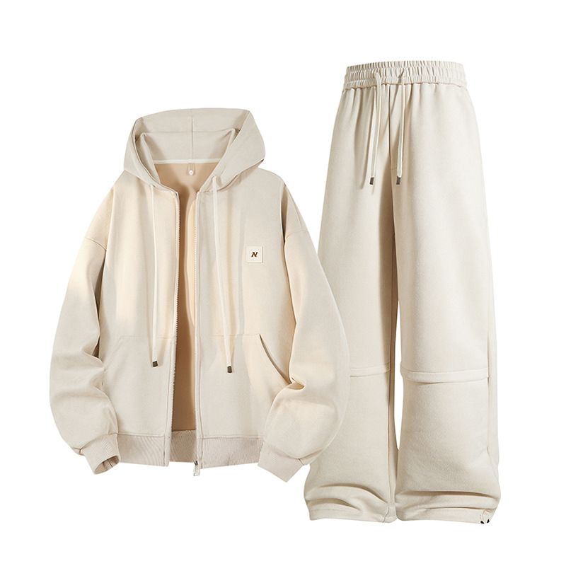 WASSUP NEST Tuta da uomo in pile scamosciato retrò giapponese - Felpa con cappuccio e pantaloni a maniche lunghe, abbigliamento da strada comodo ed elegante_voghion.com