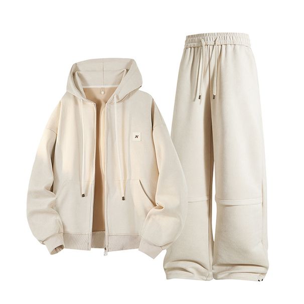 WASSUP NEST Tuta da uomo in pile scamosciato retrò giapponese - Felpa con cappuccio e pantaloni a maniche lunghe, abbigliamento da strada comodo ed elegante_voghion.com