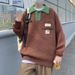 Pure Spring Color-Block Polo Collar Sweater For Men, Autumn And Winter Trendy Oversize Retro Label Knitted Sweater, Artistic_voghion.com