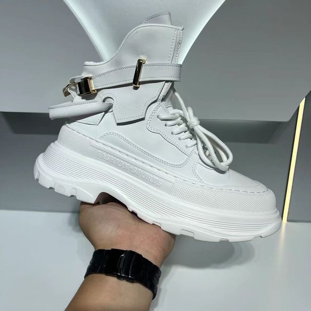 High top shoes with thick soles and , new casual shoes with laces and round toe short boots for men, trendy men's shoes, high top white boots_voghion.com