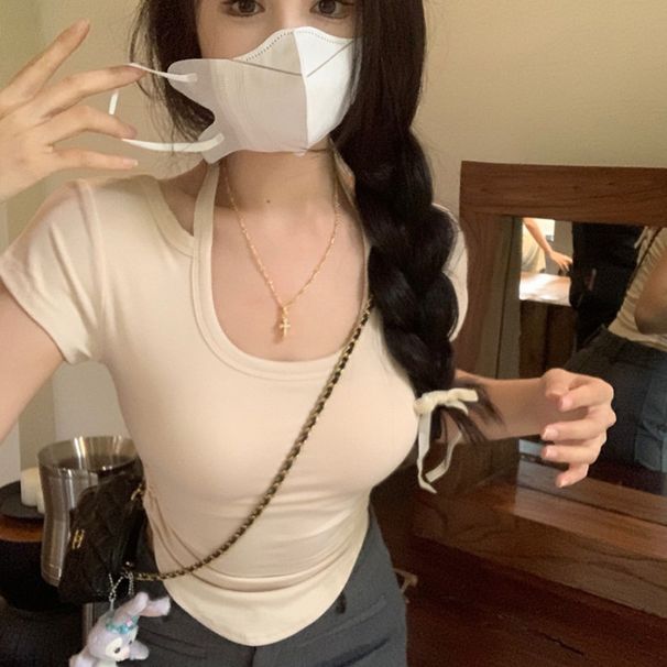 Nuova maglietta da donna con maniche lunghe e spalline sottili e design estivo, con colletto allacciato e design irregolare, corta_voghion.com