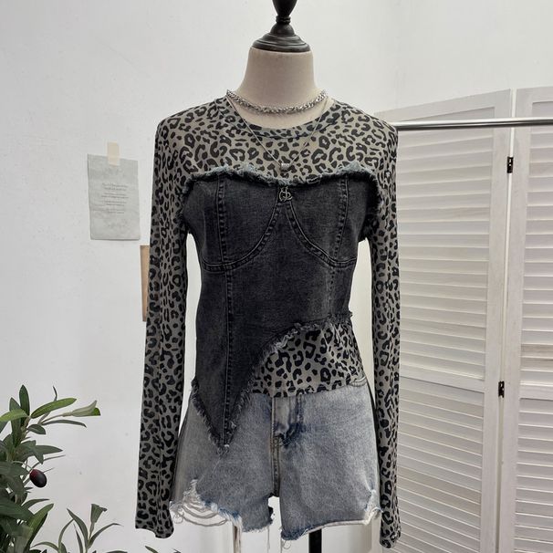 Damenbekleidung Real Shot Fashion Leopardenmuster Perspektive Hot Girl Mesh Splicing Denim Unregelmäßiges Bottoming Shirt Kurzes Top_voghion.com