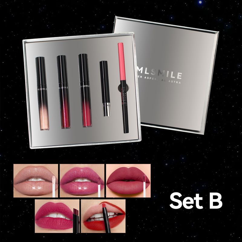 MLSMILE Set regalo di smalti per labbra di alta qualità in argento, antiaderente, in tazza, con rossetto e matita per labbra, 5 pezzi_voghion.com