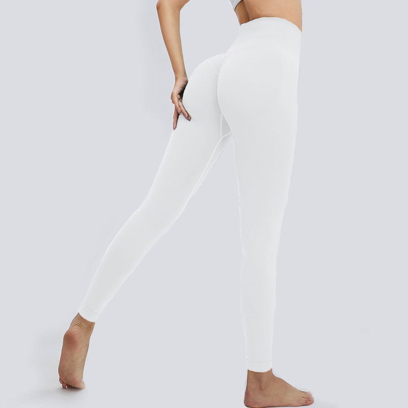 Pantaloni da yoga senza cuciture a T, con vita alta e plissettature, per addominali e fianchi, color pesca e miele_voghion.com