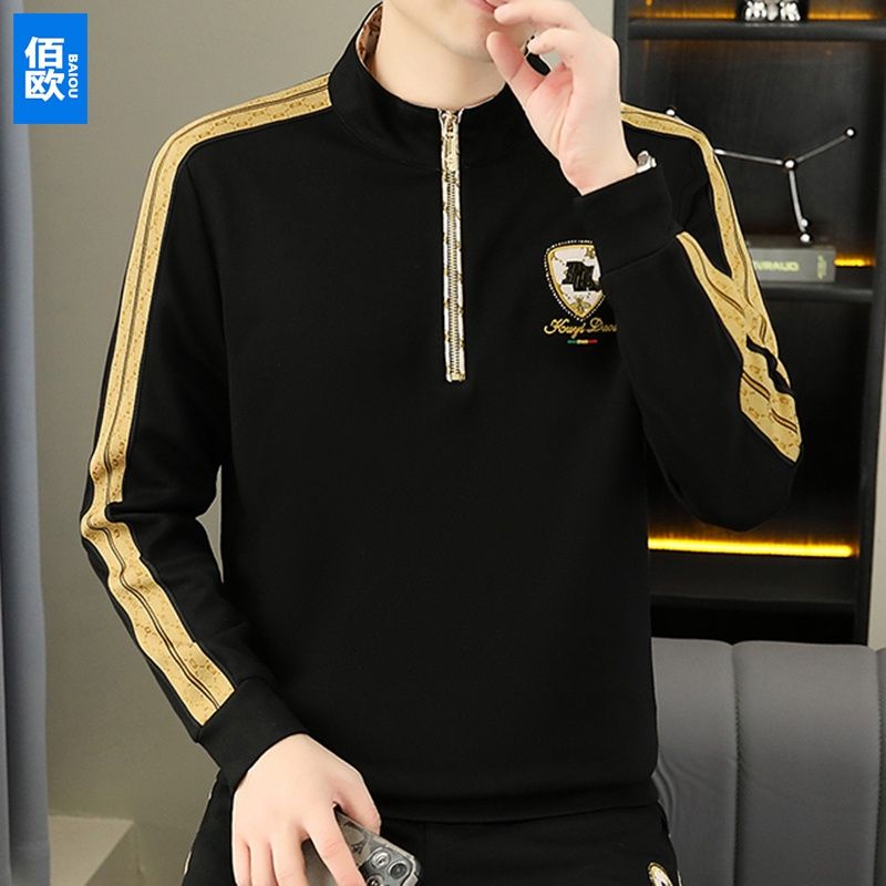 Stehkragen Reißverschluss Hoodie für Herren Herbstmode Langarm T-Shirt Zweiteiliges Set, trendige Slim Fit European_voghion.com