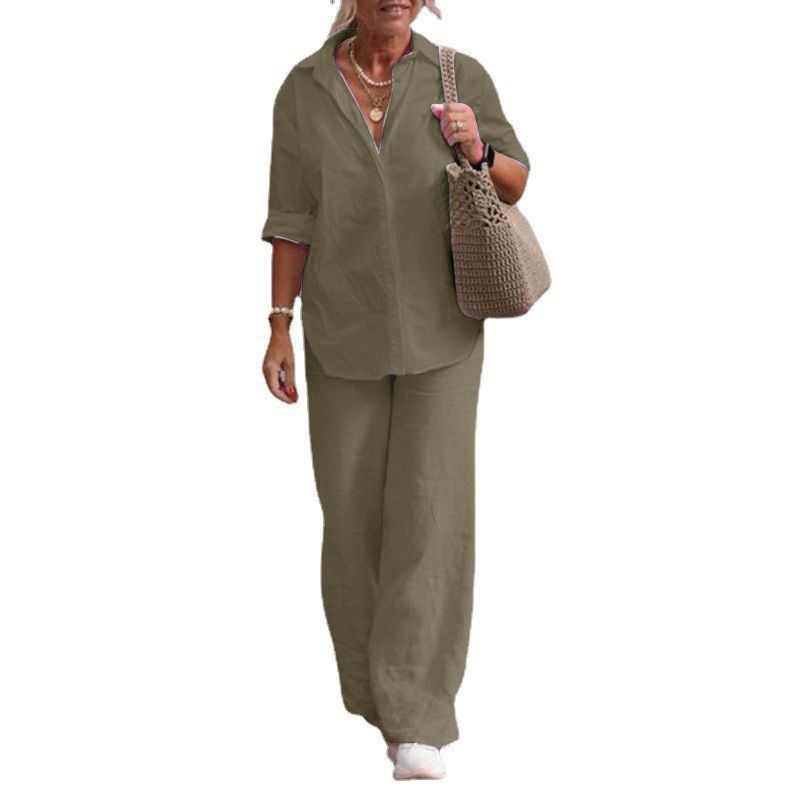 Ensemble deux pièces en coton et lin pour femme, chemise à manches longues et pantalon large, décontracté, couleur unie_voghion.com