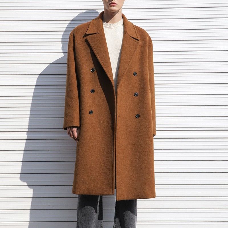 Hue Hue Trench Double-Breasted Black Mid-Length Coat Men's Autumn Winter Woolen Jacket_voghion.com