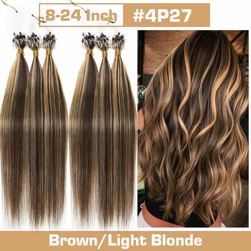 Extensii de păr drepte cu micro-loop, 100% păr Remy uman, model fashion, micro-link, păr uman natural, pentru femei, 50 buc/set, amestec #4/27 maro/blond deschis_voghion.com