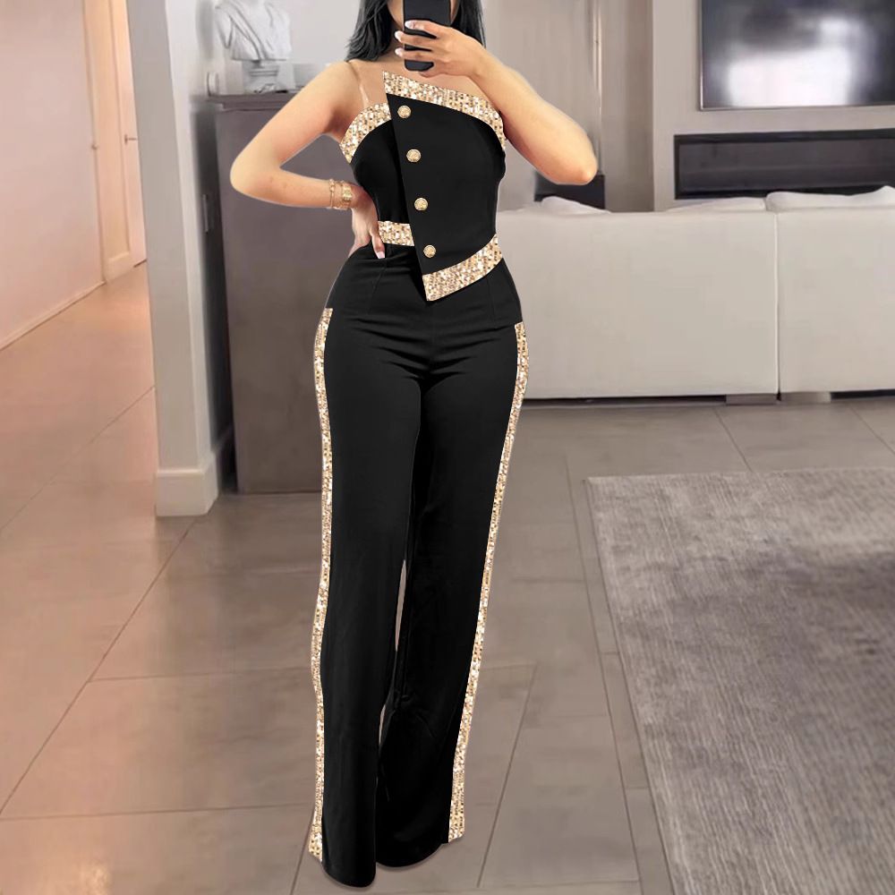 Abbigliamento da donna Tuta a gamba larga con bottoni cuciti e paillettes lucide a fascia_voghion.com