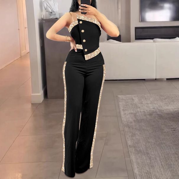 Abbigliamento da donna Tuta a gamba larga con bottoni cuciti e paillettes lucide a fascia_voghion.com