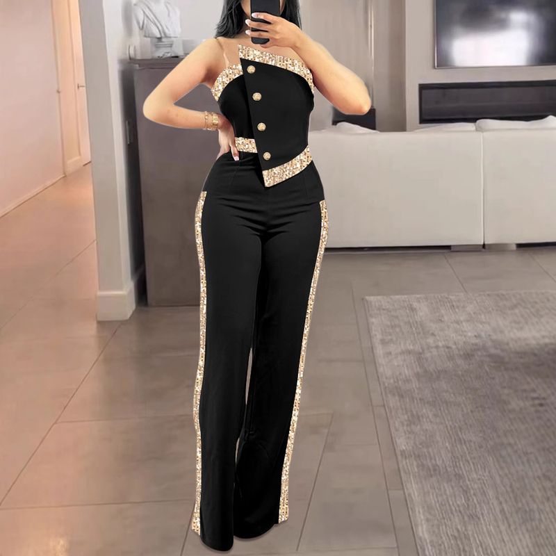Dameskleding Bandeau Glanzende pailletten Knoop gestikt Wijde pijpen Jumpsuit_voghion.com