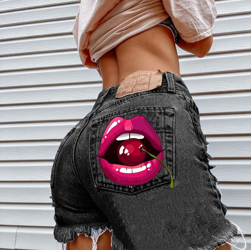 Cherry Lips Casual Fashion Printed Summer Tassel Ripped Denim Shorts_voghion.com