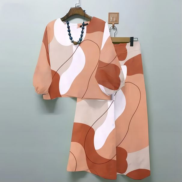 Spring New Women's Geometric Print Casual Matching Set Bohemian Top Wide Leg Pants 2 Piece Set_voghion.com