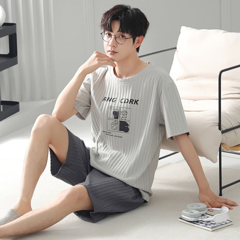 Pyjama d'été en coton à rayures pour hommes, simple, décontracté, col rond, manches courtes, short, ensemble, vêtements de maison, 2024_voghion.com
