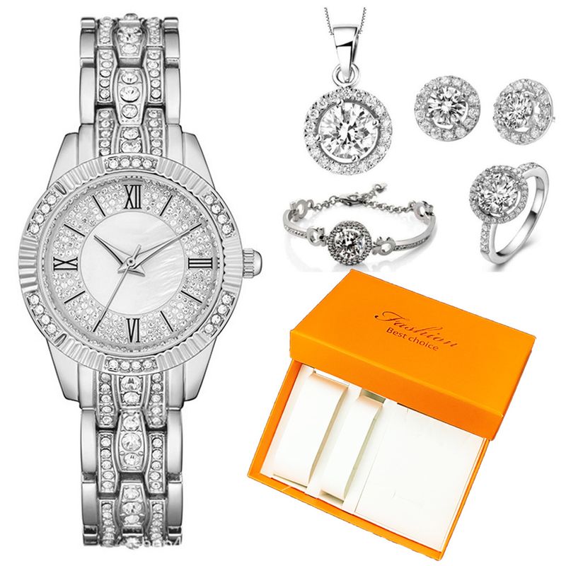 Fashion Gift Box Women's Watch Bracelet Necklace Earring Ring Set Diamond Watch_voghion.com