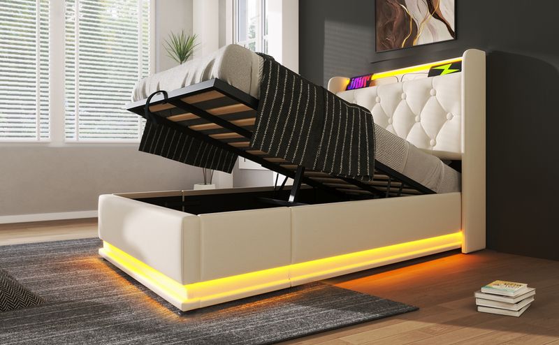 Polsterbett Einzelbett, 360-Surround-LED-Funktion, Drucktaste/App/Fernbedienung, 90*200 Cm, Weiß PU-Material Hydraulisches Lagerbett, Gepolstertes Kopfteil Mit USB Typ-C Ladefunktion (Ohne Matratze)_voghion.com