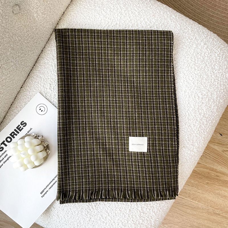 Sciarpa in cashmere a griglia fine piccola e calda con collo a scialle e barba corta, stile autunno e inverno, da donna, Thousand Bird_voghion.com