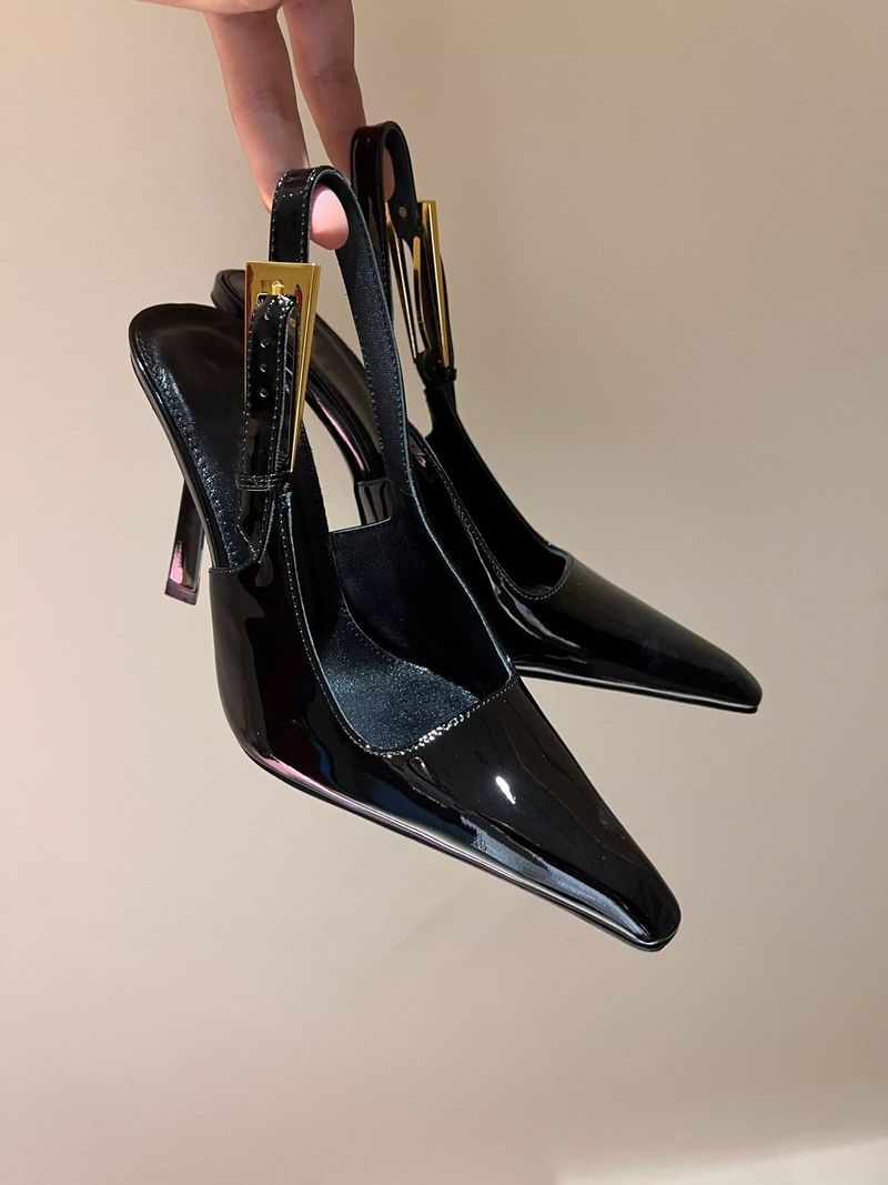 Scarpe col tacco alto nere a punta per donna 2024, nuovo stile francese, con piccola fibbia quadrata in metallo e punta chiusa._voghion.com